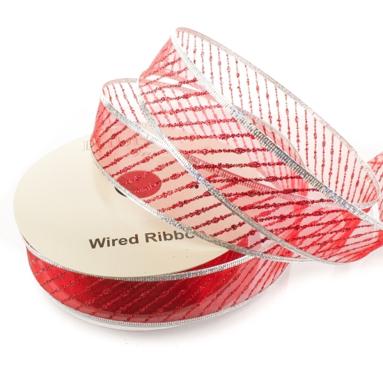 1 1/2" Wired Metallic Banded Edge Sheer Glitter Diagonal Stripes Red/Silver