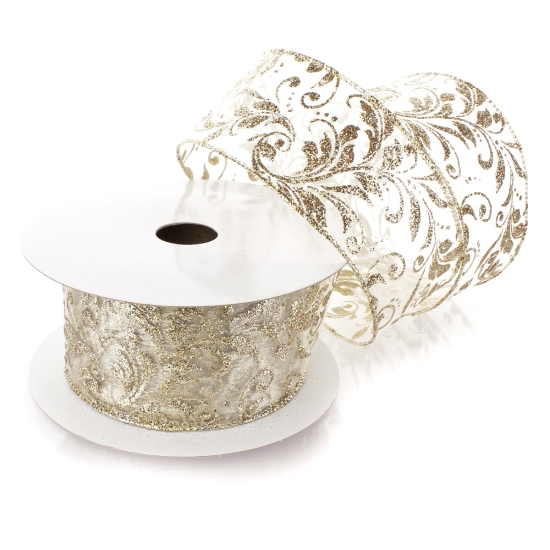 2 1/2" Wired Ribbon Glitter Swirl Leaves Ivory/Gold Sheer