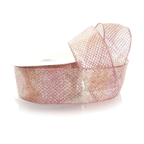 2 1/2" Wired Ribbon Sheer Ombre Glitter Diamond Mesh - Rose Gold