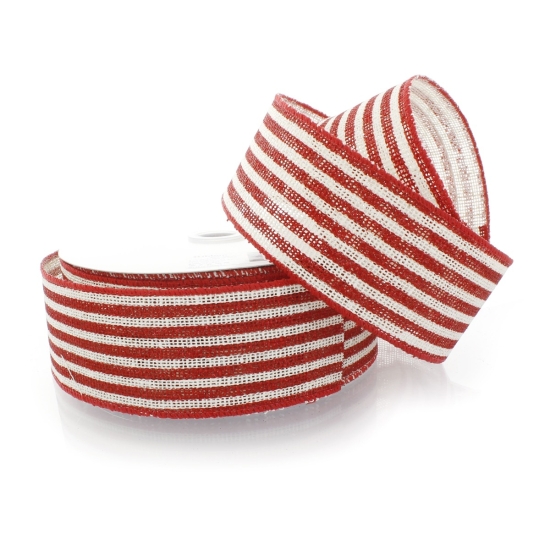 2 1/2" Wired Ribbon Red/Off-White Narrow Farmhouse Stripes Burlap