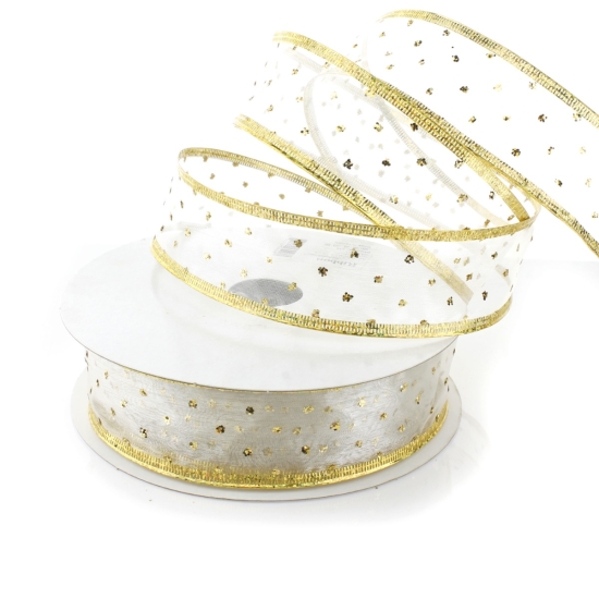 1 1/2" Wired Metallic Banded Edge Sheer Glitter Dots Ivory/Gold