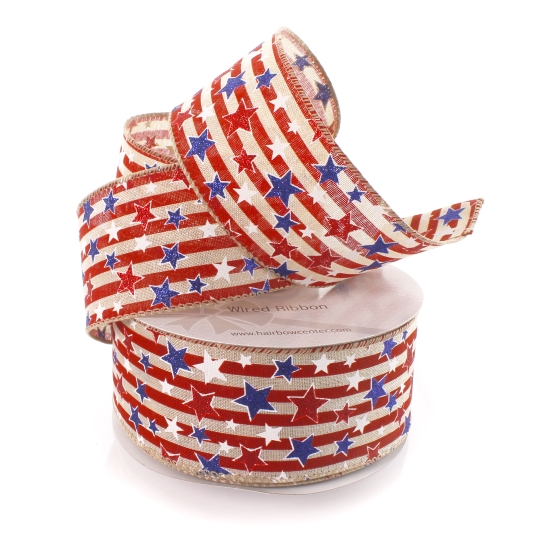 2 1/2" Wired Ribbon Glitter Stars and Stripes Burlap