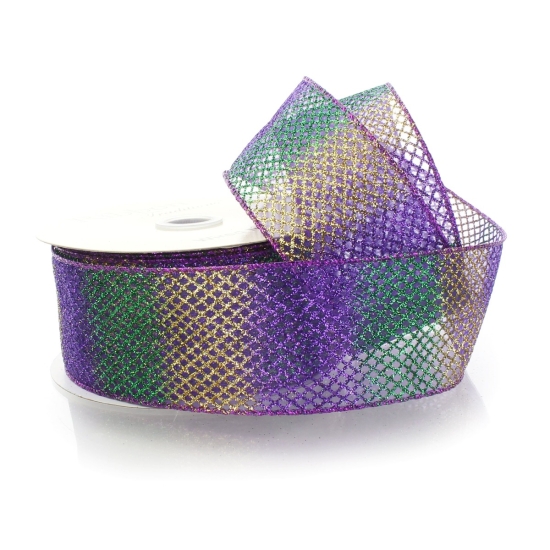 2 1/2" Wired Ribbon Sheer Ombre Glitter Diamond Mesh - Purple