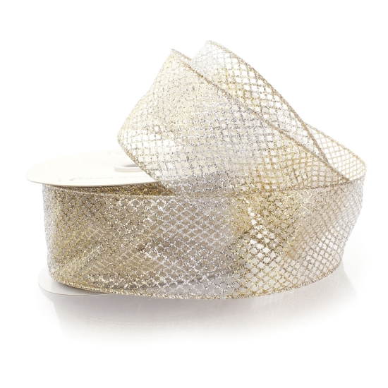 2 1/2" Wired Ribbon Sheer Ombre Glitter Diamond Mesh - Gold