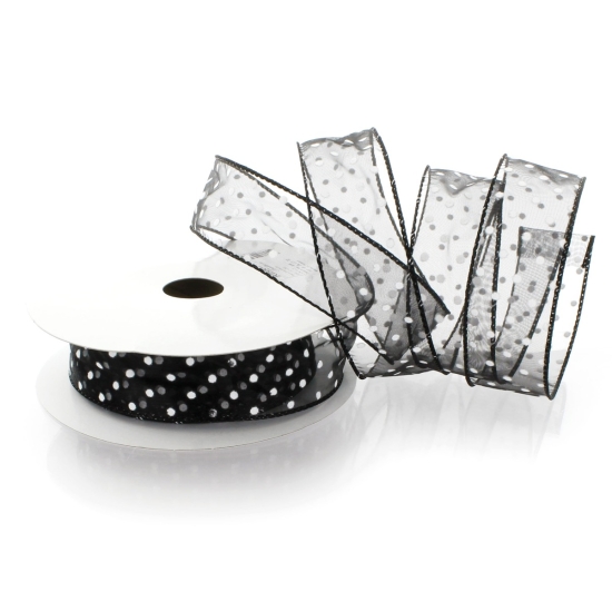 1 1/2" Wired Sheer w/ White Flocked Polka Dots Black