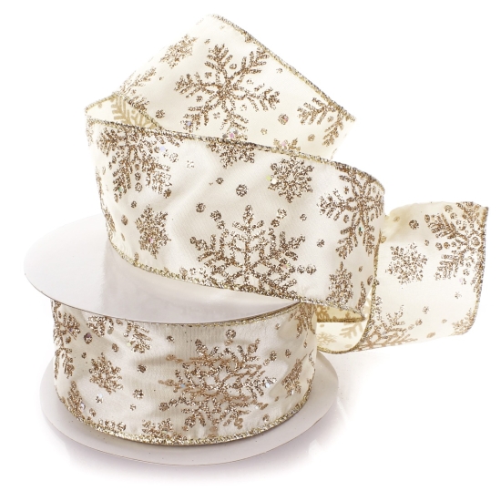 2 1/2" Wired Ribbon Glitter Snowflakes Satin Light Gold