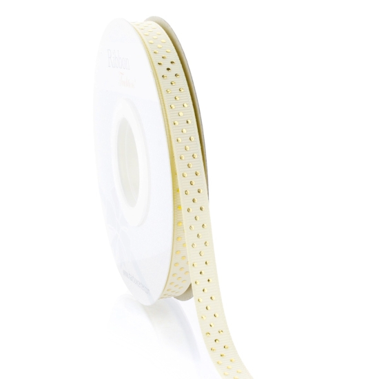 3/8" Ivory/Gold Foil Dots Grosgrain Ribbon