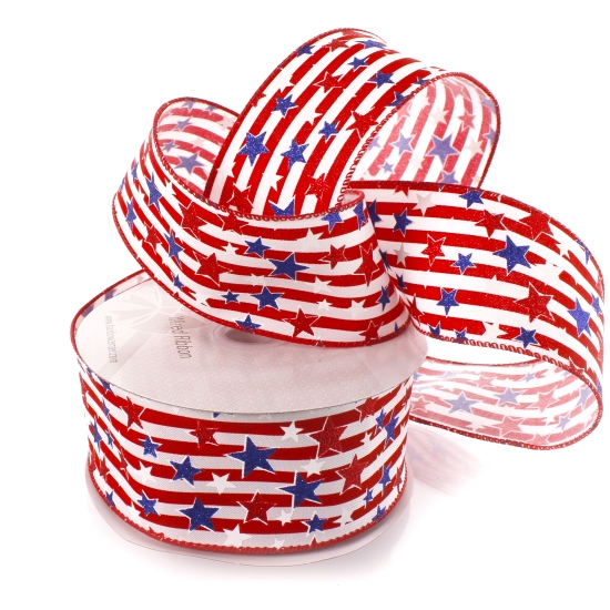 2 1/2" Wired Ribbon Glitter Stars and Stripes RWB