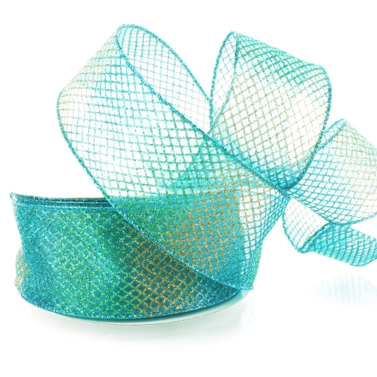 2 1/2" Wired Ribbon Sheer Ombre Glitter Diamond Mesh - Turquoise