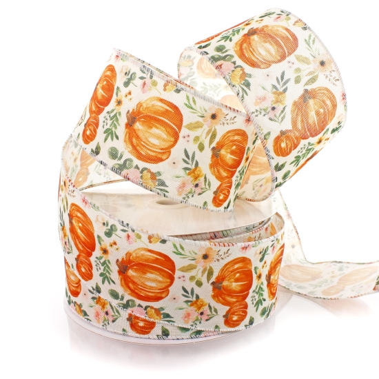 2 1/2" Wired Ribbon Fall Boho Floral Pumpkins