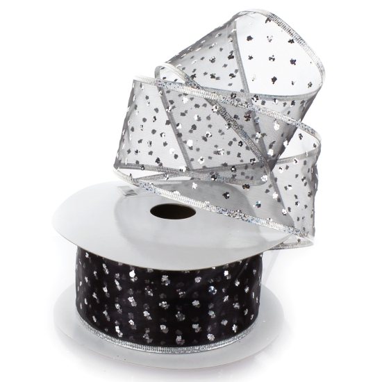 2 1/2" Wired Ribbon Metallic Banded Edge Sheer Glitter Dots Black/Silver
