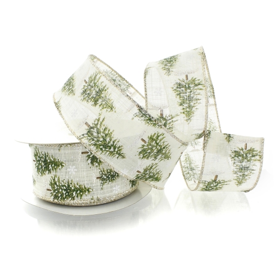 2 1/2" Wired Ribbon Green Woodland Trees on Cream