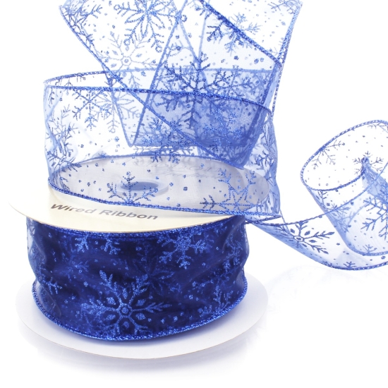 2 1/2" Wired Ribbon Glitter Snowflakes Sheer Royal Blue