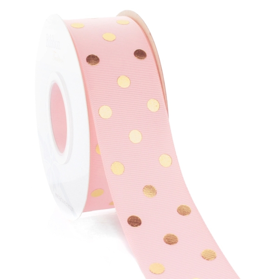 1.5" Pink Blush/Gold Foil Dots Grosgrain Ribbon