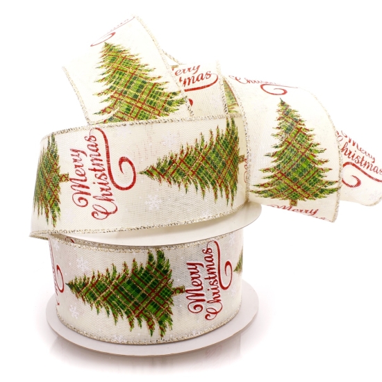 2 1/2" Wired Ribbon Vintage Merry Christmas Plaid Tree