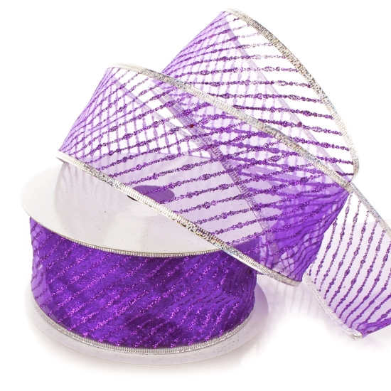 2 1/2" Wired Ribbon Metallic Banded Edge Sheer Diagonal Stripes Purple/Silver