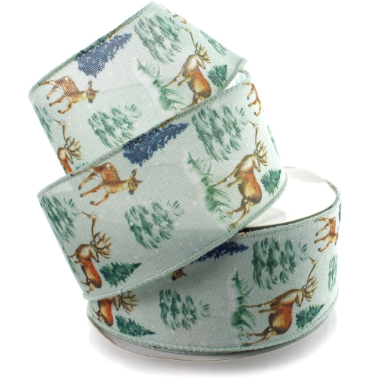 2 1/2" Wired Ribbon Winter Woods - Deer