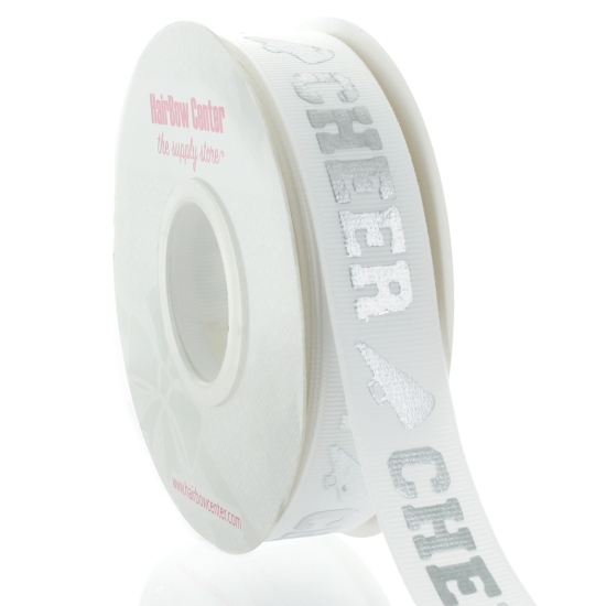 7/8" Silver Foil Cheer Text Grosgrain Ribbon