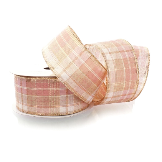 2 1/2" Wired Ribbon Rose Pink Metallic Gold Plaid