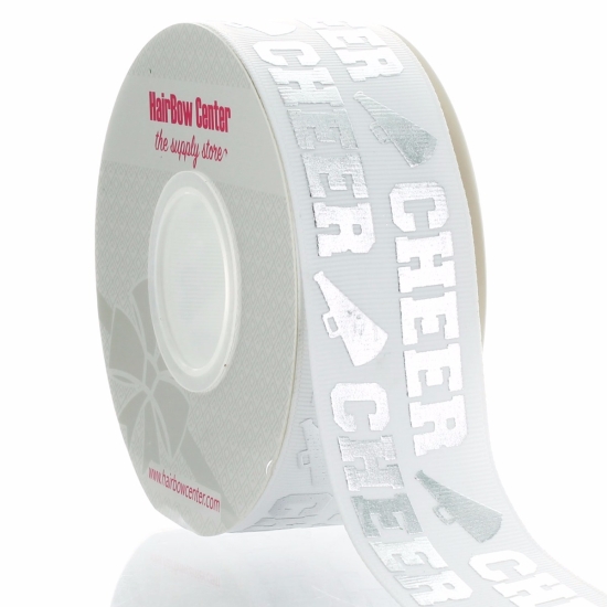 1.5" Silver Foil Cheer Text Grosgrain Ribbon