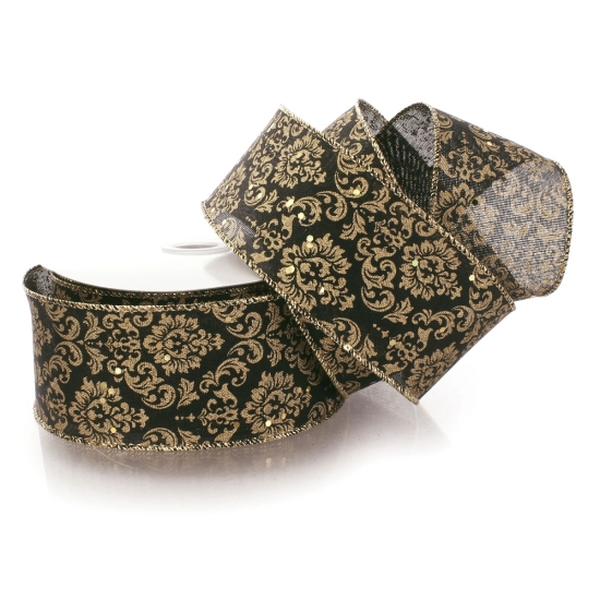 2 1/2" Wired Ribbon Black/Gold Damask