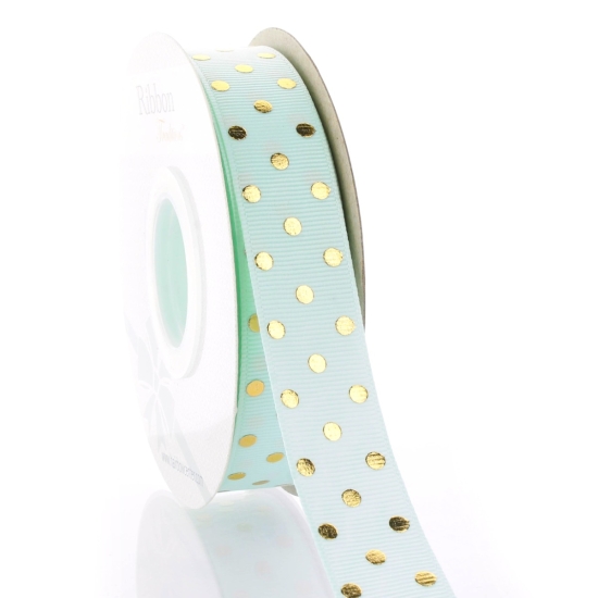 7/8" Mineral Ice/Gold Foil Dots Grosgrain Ribbon