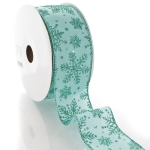 2 1/2" Wired Ribbon Glitter Snowflakes Satin Aqua