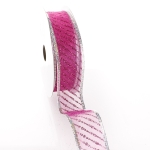 1 1/2" Wired Metallic Banded Edge Sheer Glitter Diagonal Stripes Hot Pink/Silver