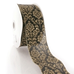 2 1/2" Wired Ribbon Black/Gold Damask