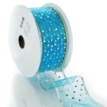 2 1/2" Wired Ribbon Metallic Banded Edge Sheer Glitter Dots Turquoise/Silver