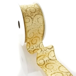 2 1/2" Wired Ribbon Glitter Swirl Scrolls Gold