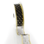 1 1/2" Wired Ribbon Metallic Banded Edge Sheer Glitter Dots Black/Gold