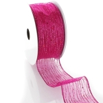 2 1/2" Wired Ribbon Horizontal Glitter/Sequin Stripes Sheer Hot Pink