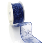 2 1/2" Wired Ribbon Glitter Snowflakes Sheer Royal Blue