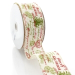 2 1/2" Wired Ribbon Vintage Christmas Postmark Cotton Burlap