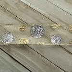 2 1/2" Wired Ribbon Large Glitter Dots Gold/Silver