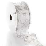 2 1/2" Wired Ribbon Glitter Snowflakes Satin White/Silver