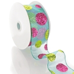 2 1/2" Wired Ribbon Large Glitter Dots Turquoise/Apple/Hot Pink