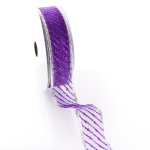 1 1/2" Wired Metallic Banded Edge Sheer Glitter Diagonal Stripes Purple/Silver