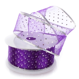 2 1/2" Wired Ribbon Metallic Banded Edge Sheer Glitter Dots Purple/Silver