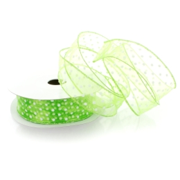 1 1/2" Wired Sheer w/ White Flocked Polka Dots Apple Green