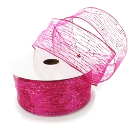 2 1/2" Wired Ribbon Horizontal Glitter/Sequin Stripes Sheer Hot Pink