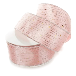 2 1/2" Wired Ribbon Horizontal Glitter/Sequin Stripes Solid Rose Gold/Silver