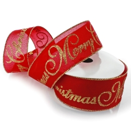2 1/2" Wired Ribbon Gold Glitter Merry Christmas Red