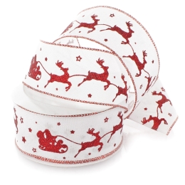 2 1/2" Wired Ribbon Red Glitter Reindeer