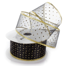 2 1/2" Wired Ribbon Metallic Banded Edge Sheer Glitter Dots Black/Gold