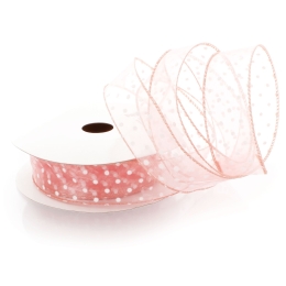 1 1/2" Wired Sheer w/ White Flocked Polka Dots Bubblegum Pink