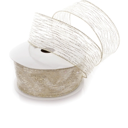 2 1/2" Wired Ribbon Horizontal Glitter/Sequin Stripes Sheer Ivory/Gold