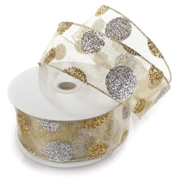 2 1/2" Wired Ribbon Large Glitter Dots Gold/Silver