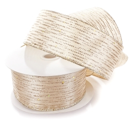 2 1/2" Wired Ribbon Horizontal Glitter/Sequin Stripes Solid Champagne